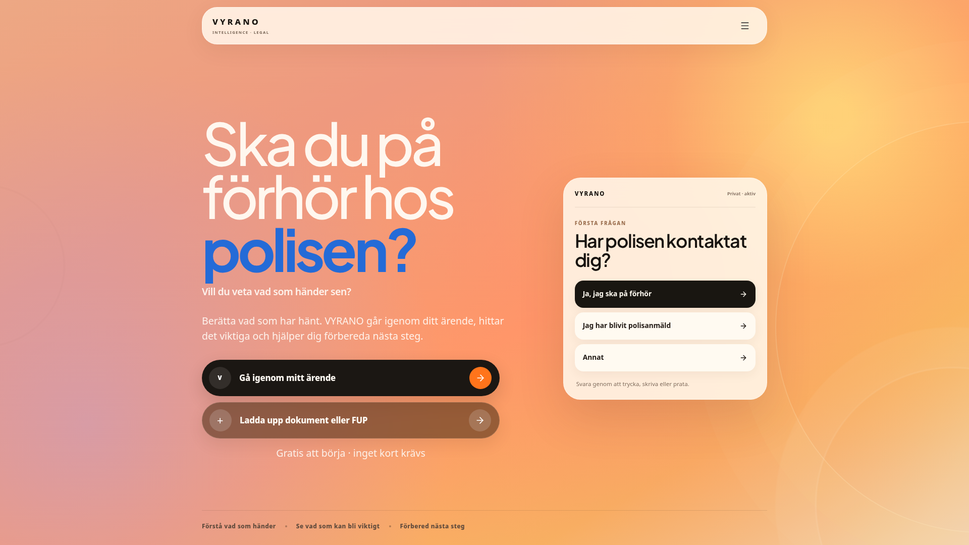Skärmbild av VYRANO Legals startsida